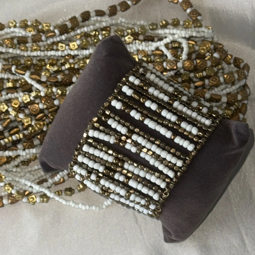 Stunning White & Gold Beaded Multi-Strand Twist Necklace & Bracelet Set Unique - Picture 7 of 16